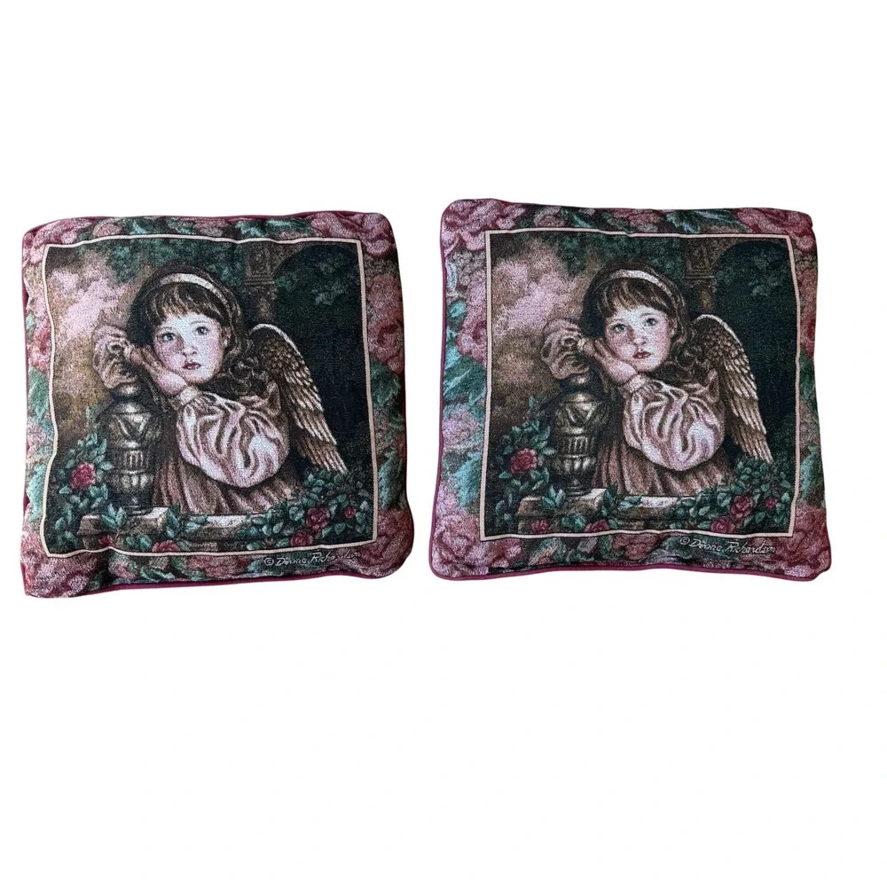 Vtg Tapestry Throw Pillow Little Angel Or Angel Unaware 17 X 17 Donna Richardson